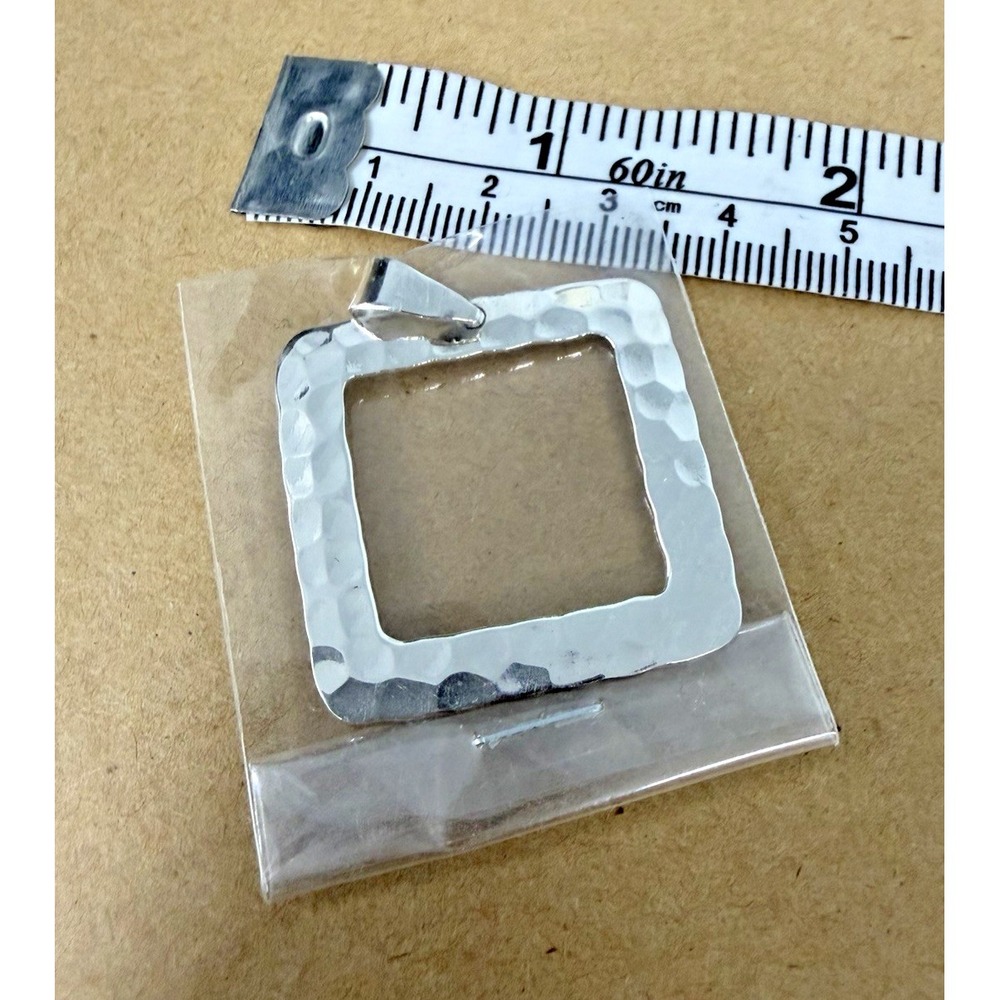 .925 Sterling Silver pendant necklace open SQUARE hammered BRAND NEW